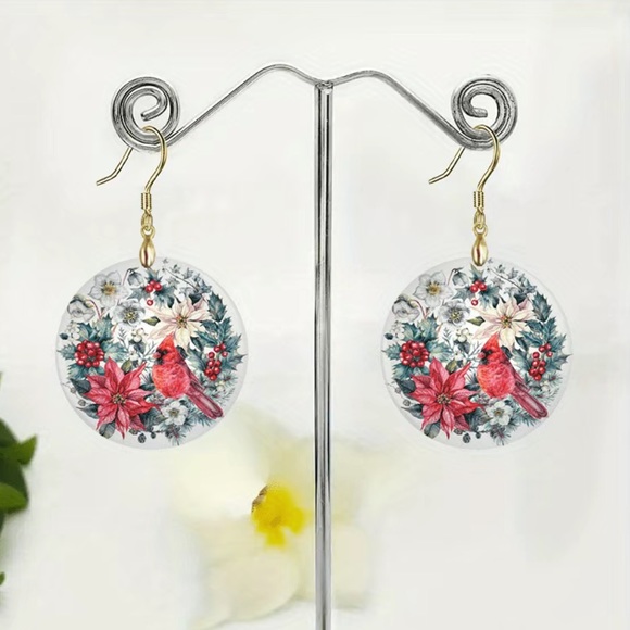 Cardinal Christmas Acrylic Earrings - Picture 4 of 6
